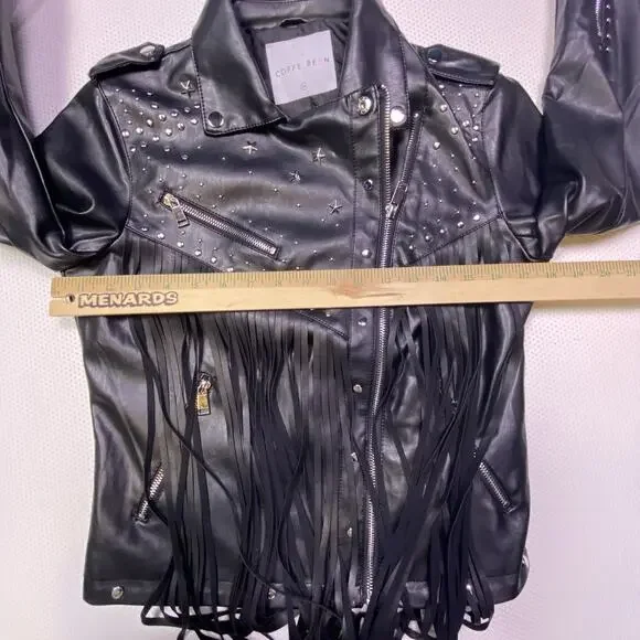 Coffee Bean Star Studded Faux Leather Fringe Black Moto Motorcycle Jacket Medium - Picture 8 of 13